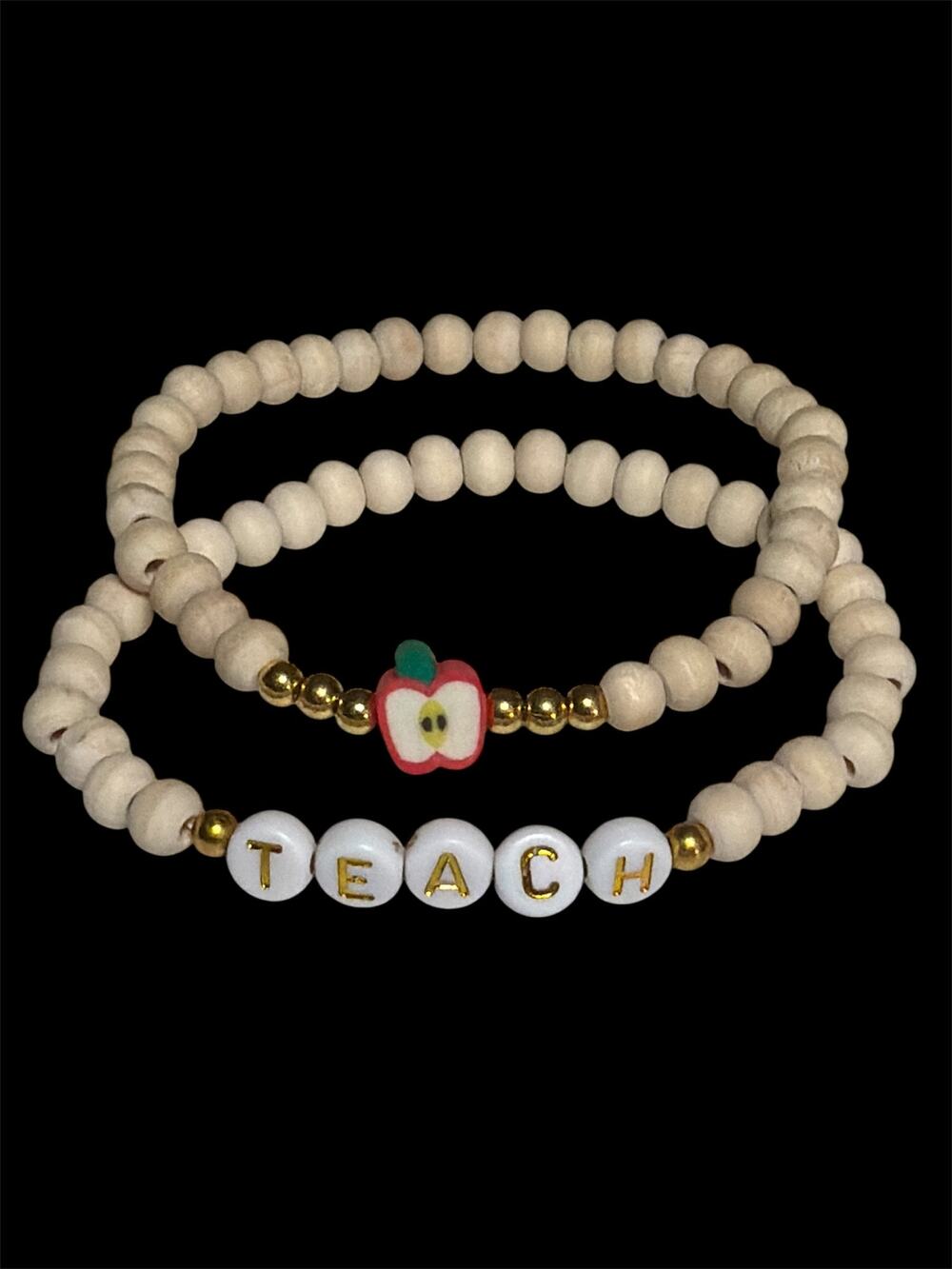 Teach Beaded Letter Stretchy Bracelets Teacher Wooden Beads 2 Piece Set
